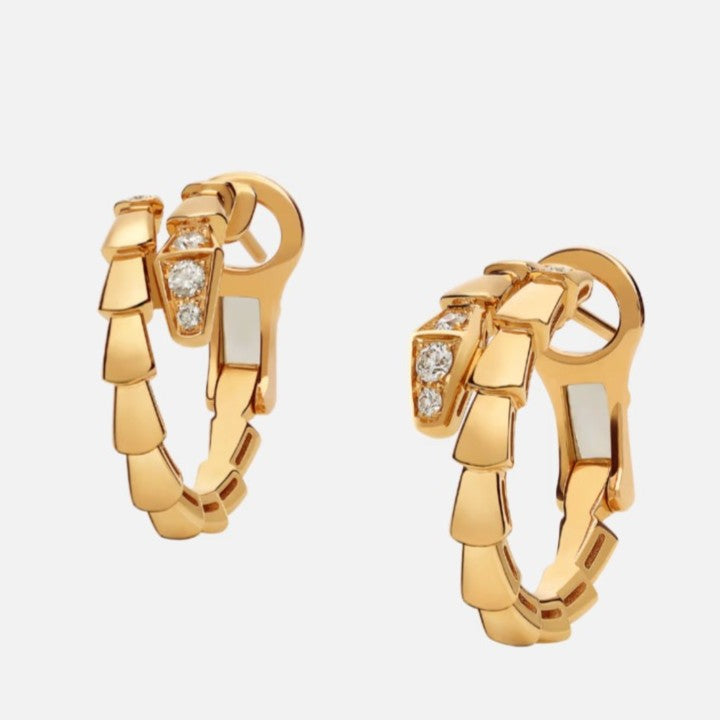 Bulgari Serpenti gold-plated hoop earrings with cubic zirconia accents, shown as a pair on white background
