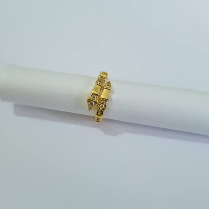 Bulgari Serpenti gold-plated wrap ring with cubic zirconia snake head detail, size 7, on white background