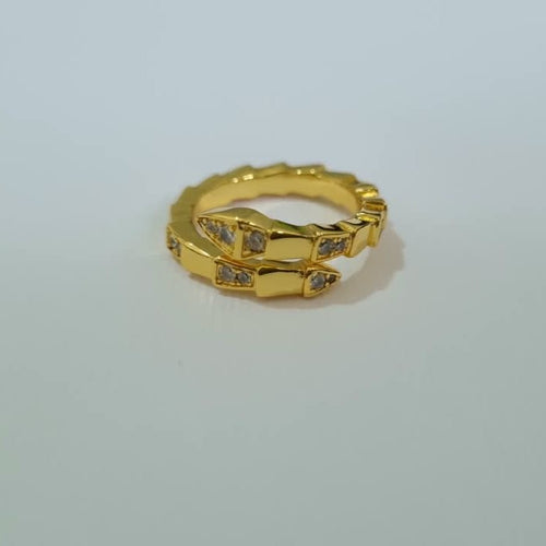 Bulgari Serpenti gold-plated wrap ring with cubic zirconia snake head detail, size 7, on white background