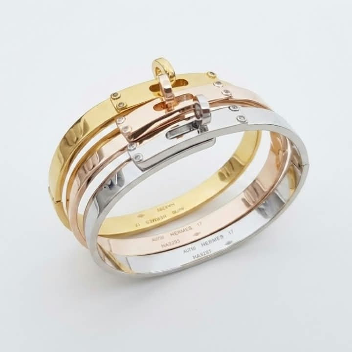 Hermes Kelly padlock bangles in 3 colors gold, RoseGold and Silver-all plated finish on white background
